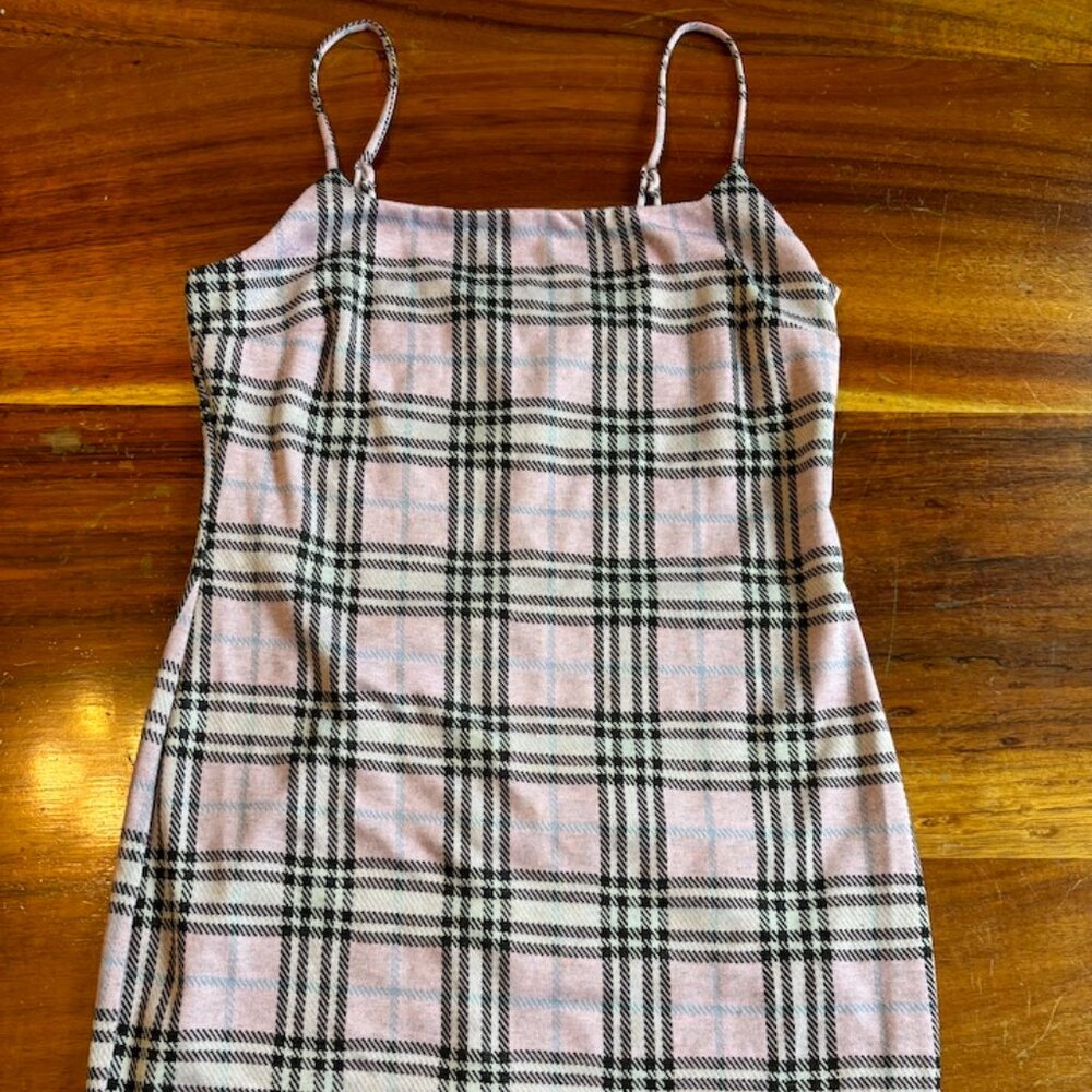 Evolutionary Notch Front Jumper Dress Plaid Pink - Large